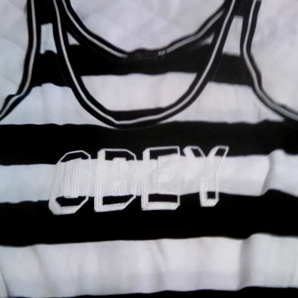 Obey Black and White Striped Tank Top